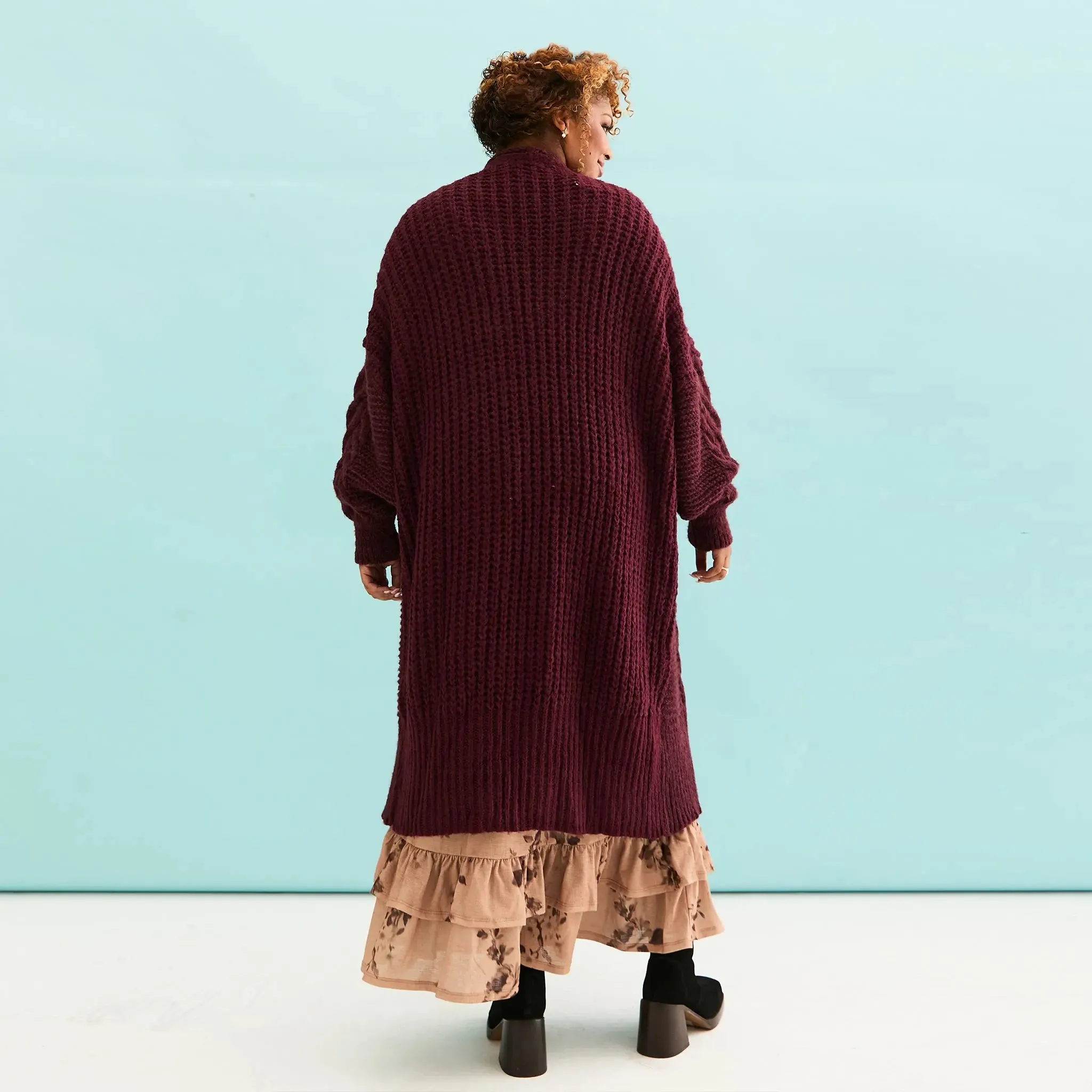 Alex Cable Oversized Balloon Sleeve Maxi Cardigan - Burgundy