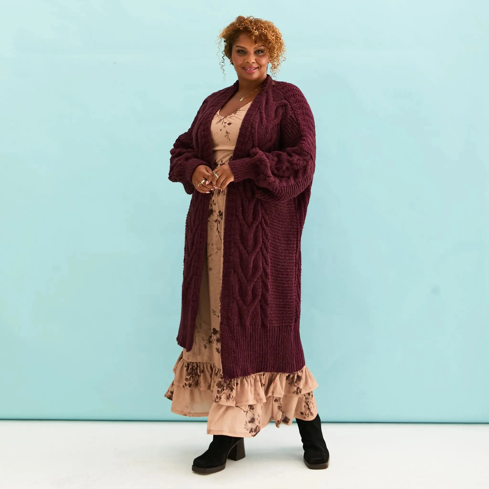 Alex Cable Oversized Balloon Sleeve Maxi Cardigan - Burgundy