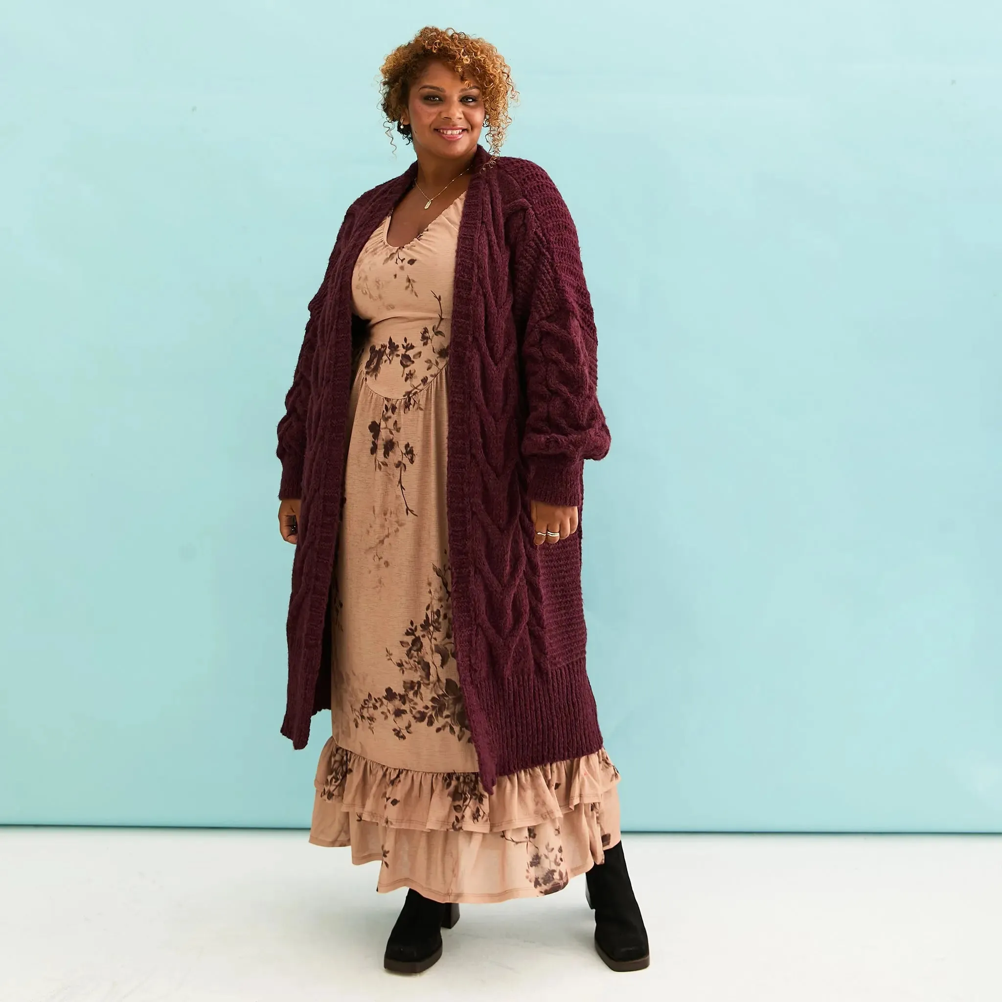 Alex Cable Oversized Balloon Sleeve Maxi Cardigan - Burgundy