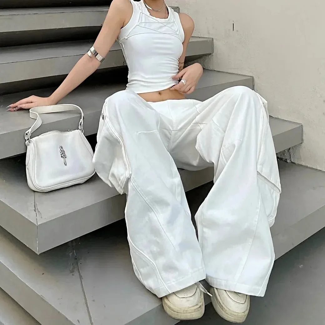 Amozae-Trendy White Cargo Jeans For Women High Waist Wide Leg Pants Y2k Multi-pocket Straight Pants Versatile Streetwear Autumn 2023