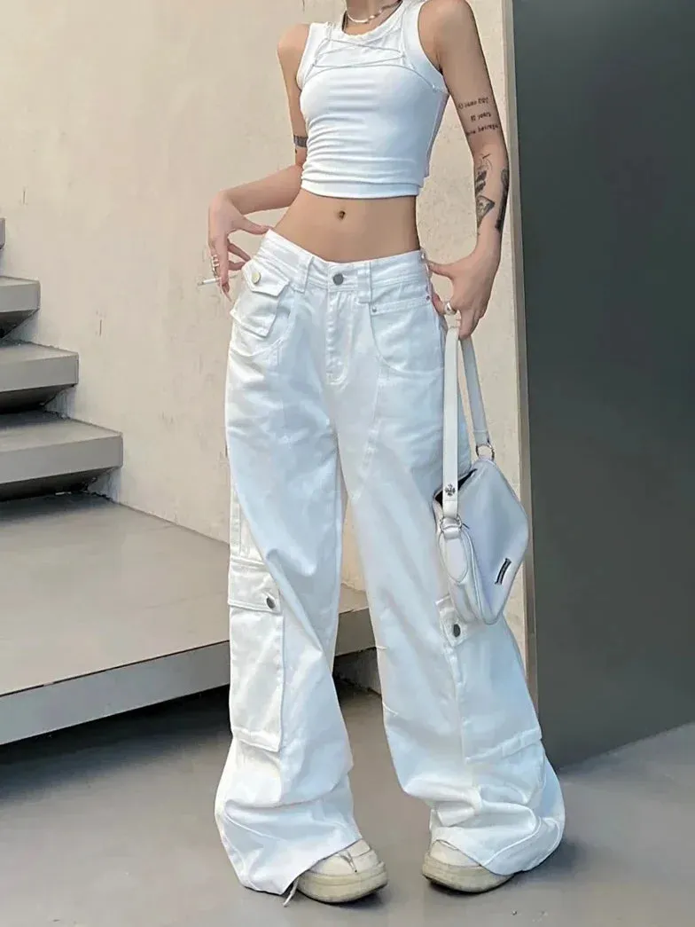 Amozae-Trendy White Cargo Jeans For Women High Waist Wide Leg Pants Y2k Multi-pocket Straight Pants Versatile Streetwear Autumn 2023