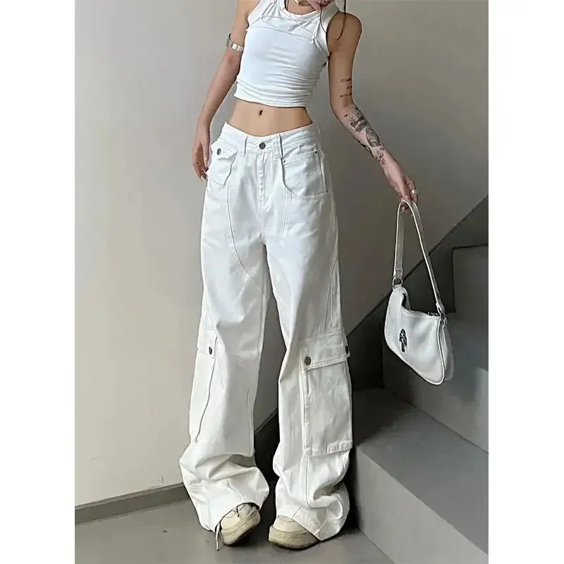 Amozae-Trendy White Cargo Jeans For Women High Waist Wide Leg Pants Y2k Multi-pocket Straight Pants Versatile Streetwear Autumn 2023