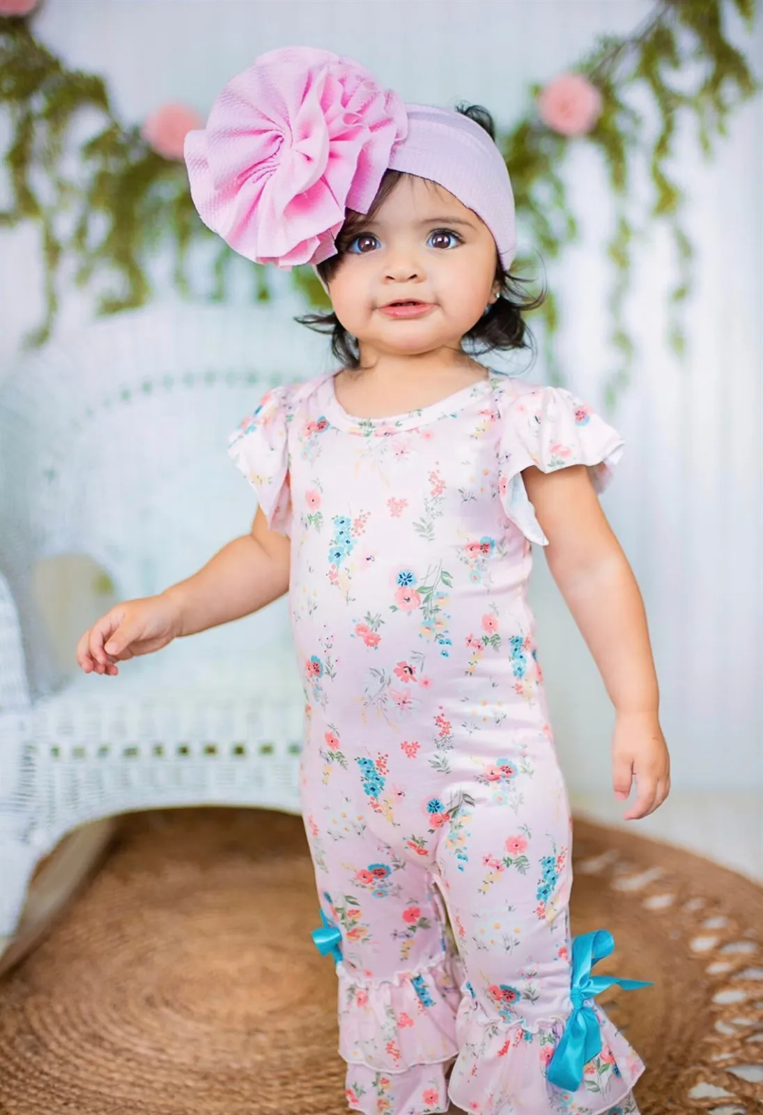 Baby Girls Peach Little Floral Ruffle Leg Romper Jumpsuits