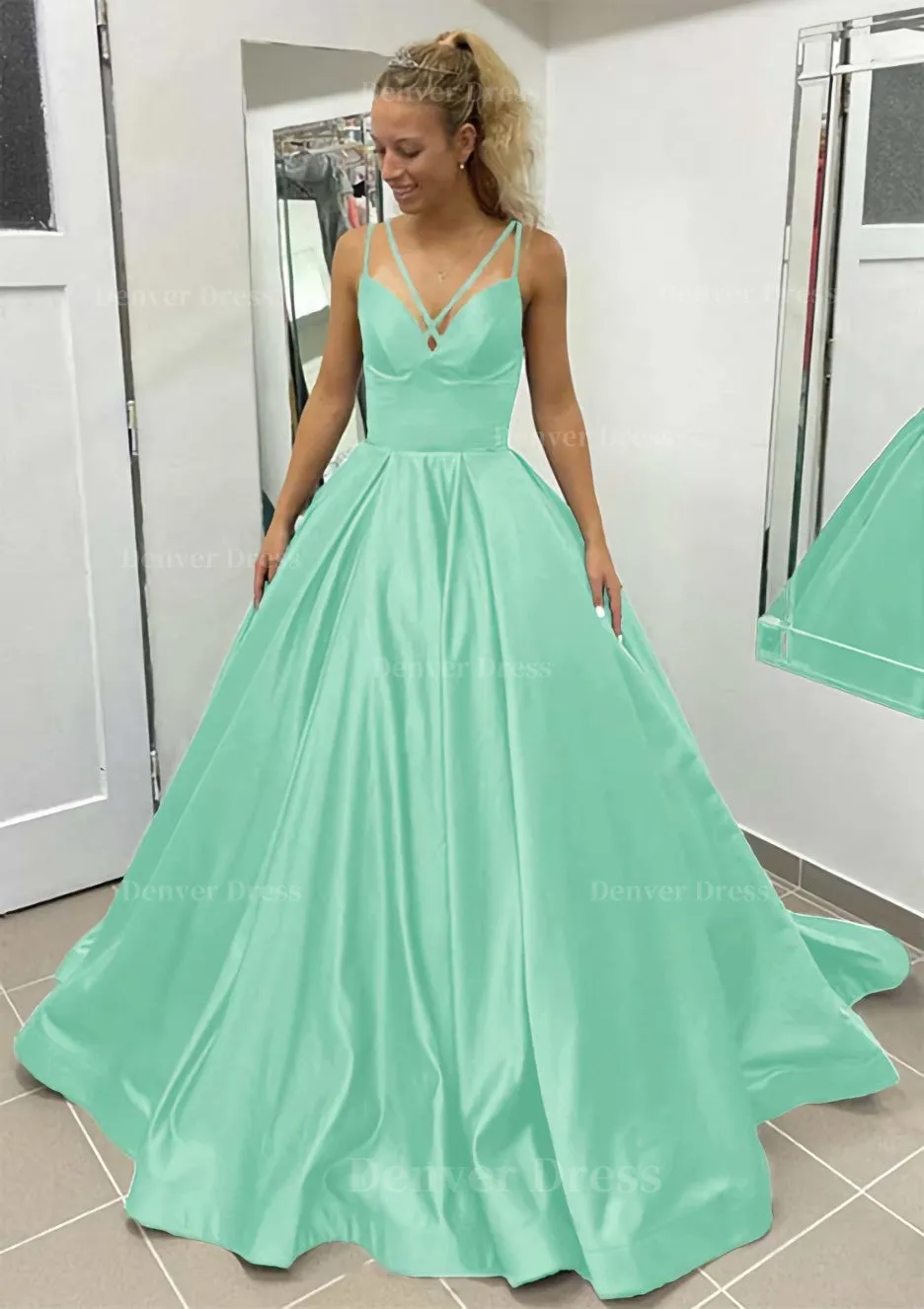 Ball Gown Sleeveless Scalloped Neck Sweep Train Satin Prom Dress With Pleated Pockets