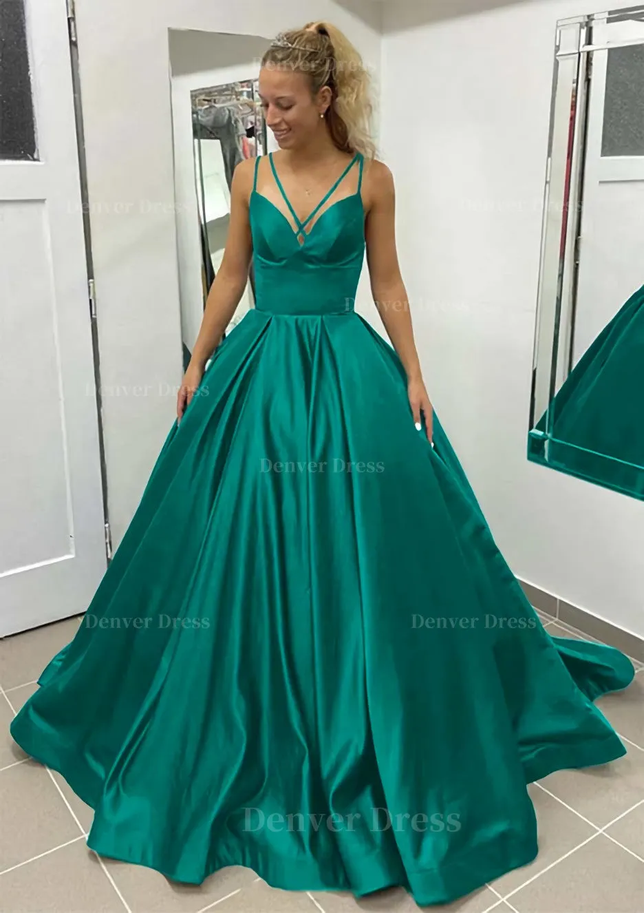 Ball Gown Sleeveless Scalloped Neck Sweep Train Satin Prom Dress With Pleated Pockets