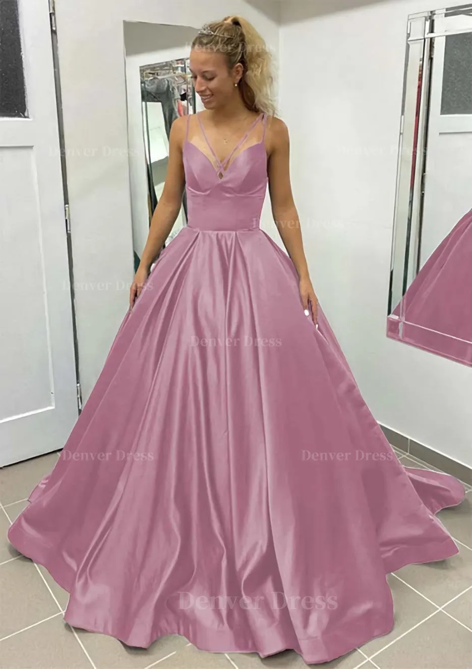 Ball Gown Sleeveless Scalloped Neck Sweep Train Satin Prom Dress With Pleated Pockets