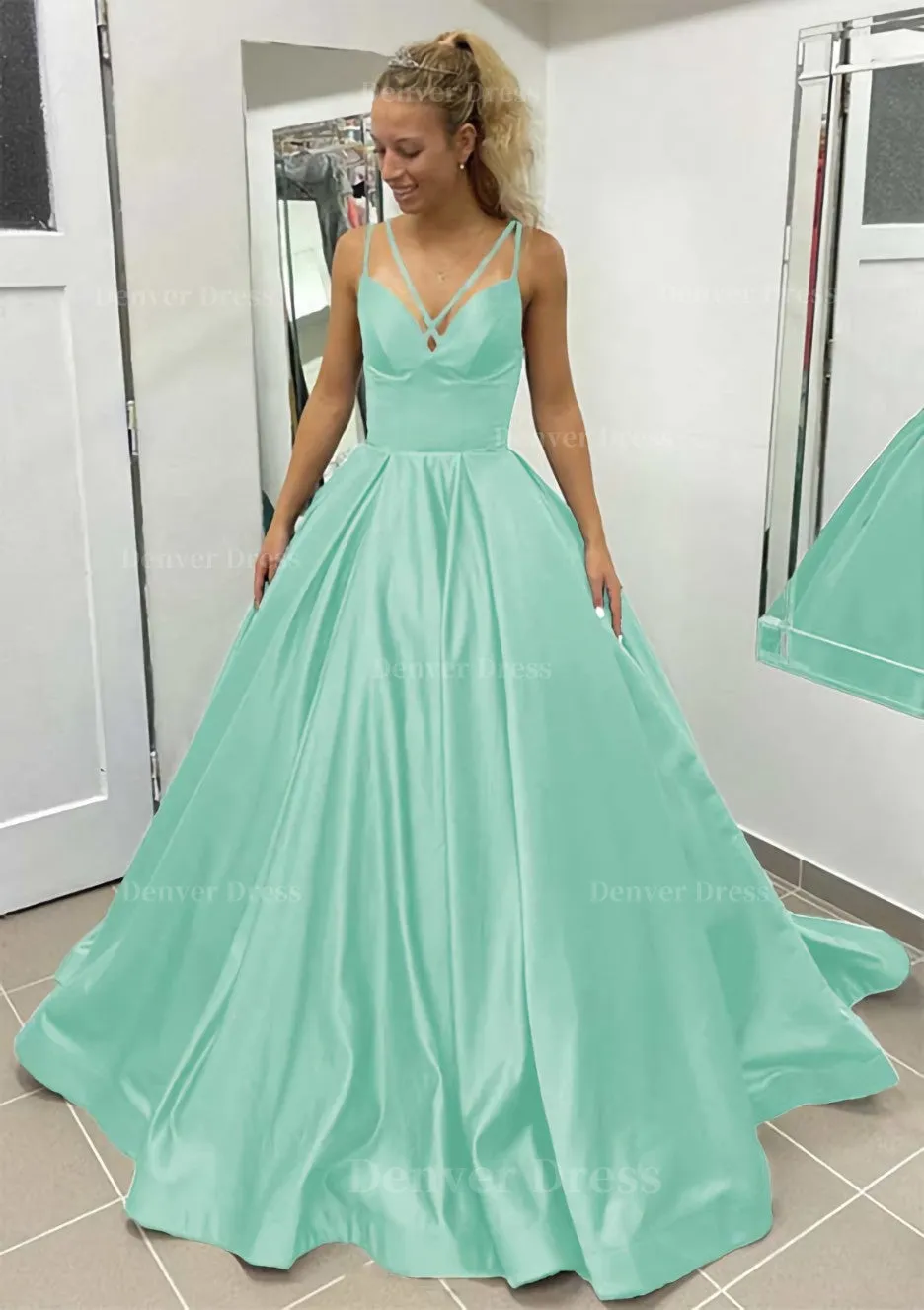 Ball Gown Sleeveless Scalloped Neck Sweep Train Satin Prom Dress With Pleated Pockets