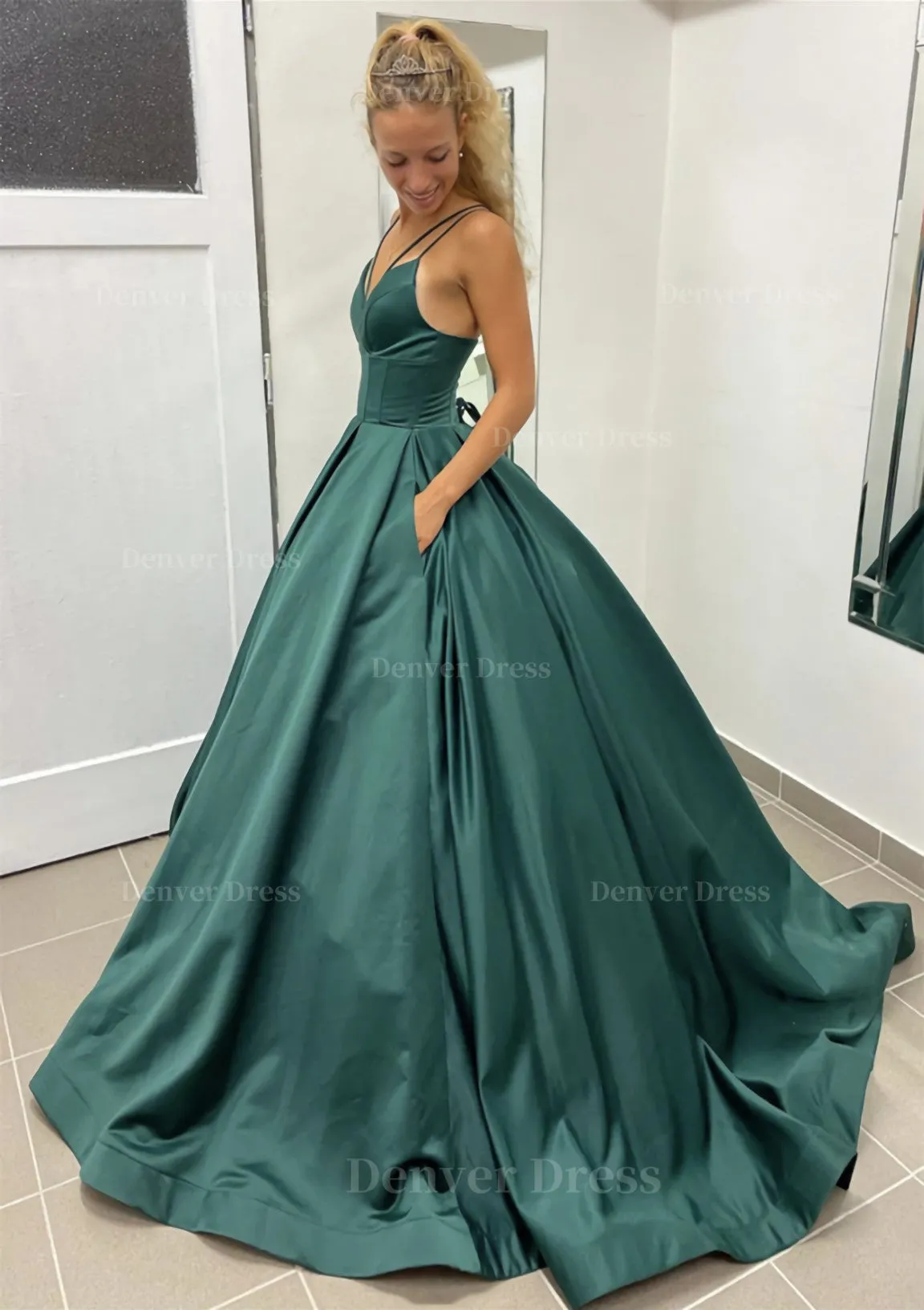 Ball Gown Sleeveless Scalloped Neck Sweep Train Satin Prom Dress With Pleated Pockets