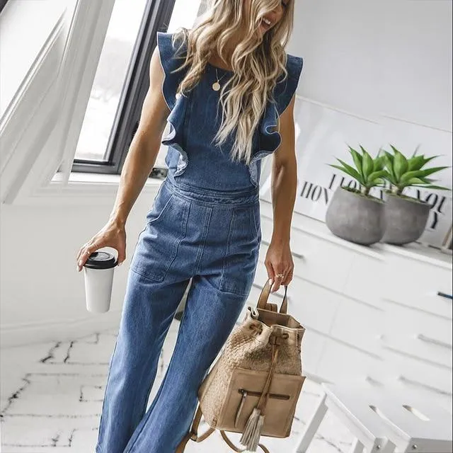 Bell Wide Leg Bodycon Denim Jumpsuit Casual Rompers Back Lace Up