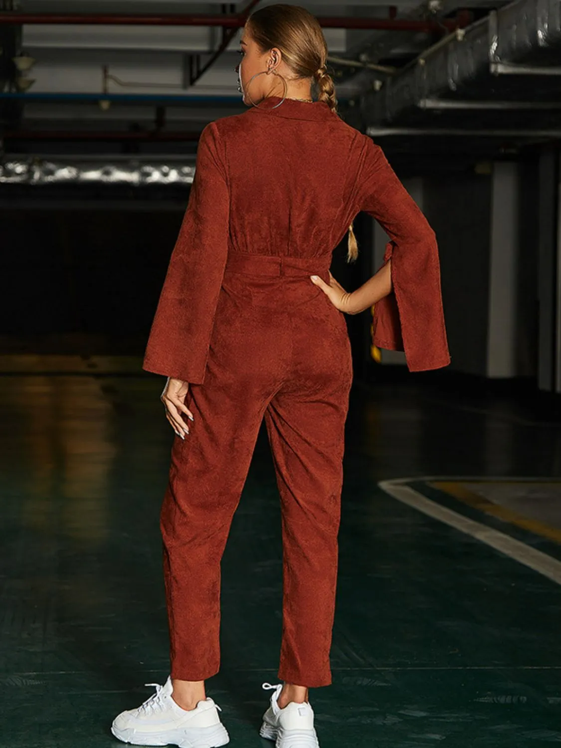 Belted Shawl Collar Slit Sleeve Jumpsuit