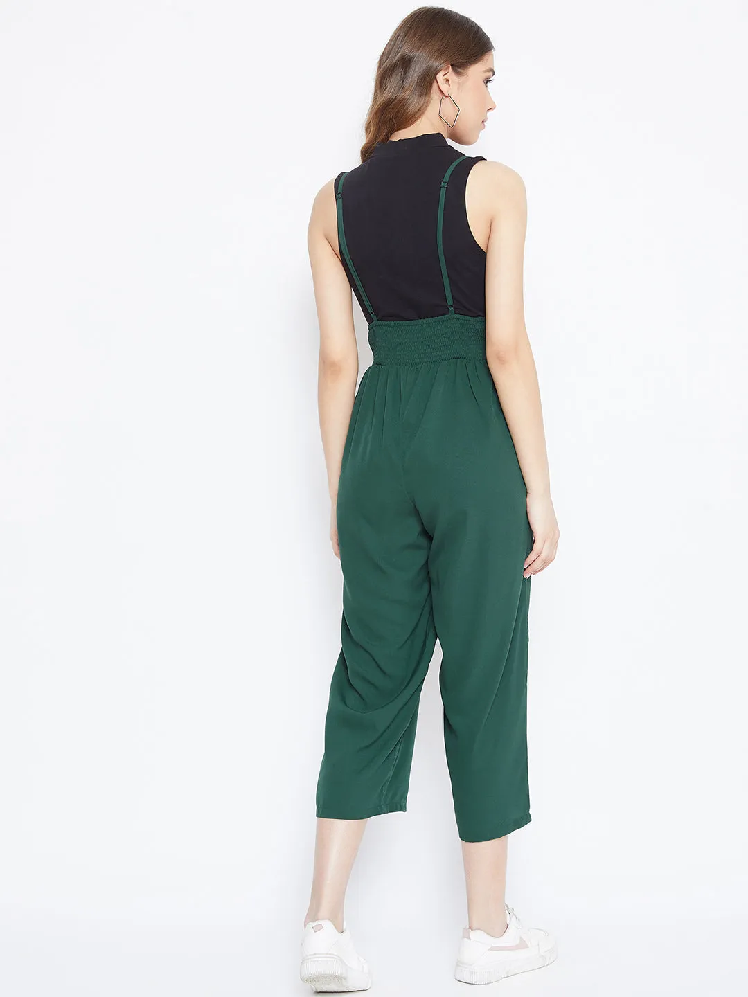 Berrylush Women Solid Green Smocked Back Tie-Up Capri Jumpsuit