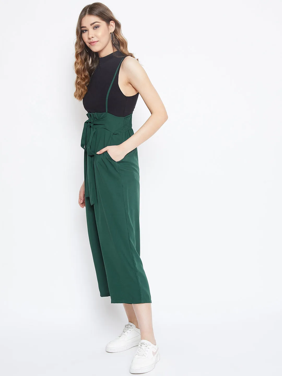 Berrylush Women Solid Green Smocked Back Tie-Up Capri Jumpsuit