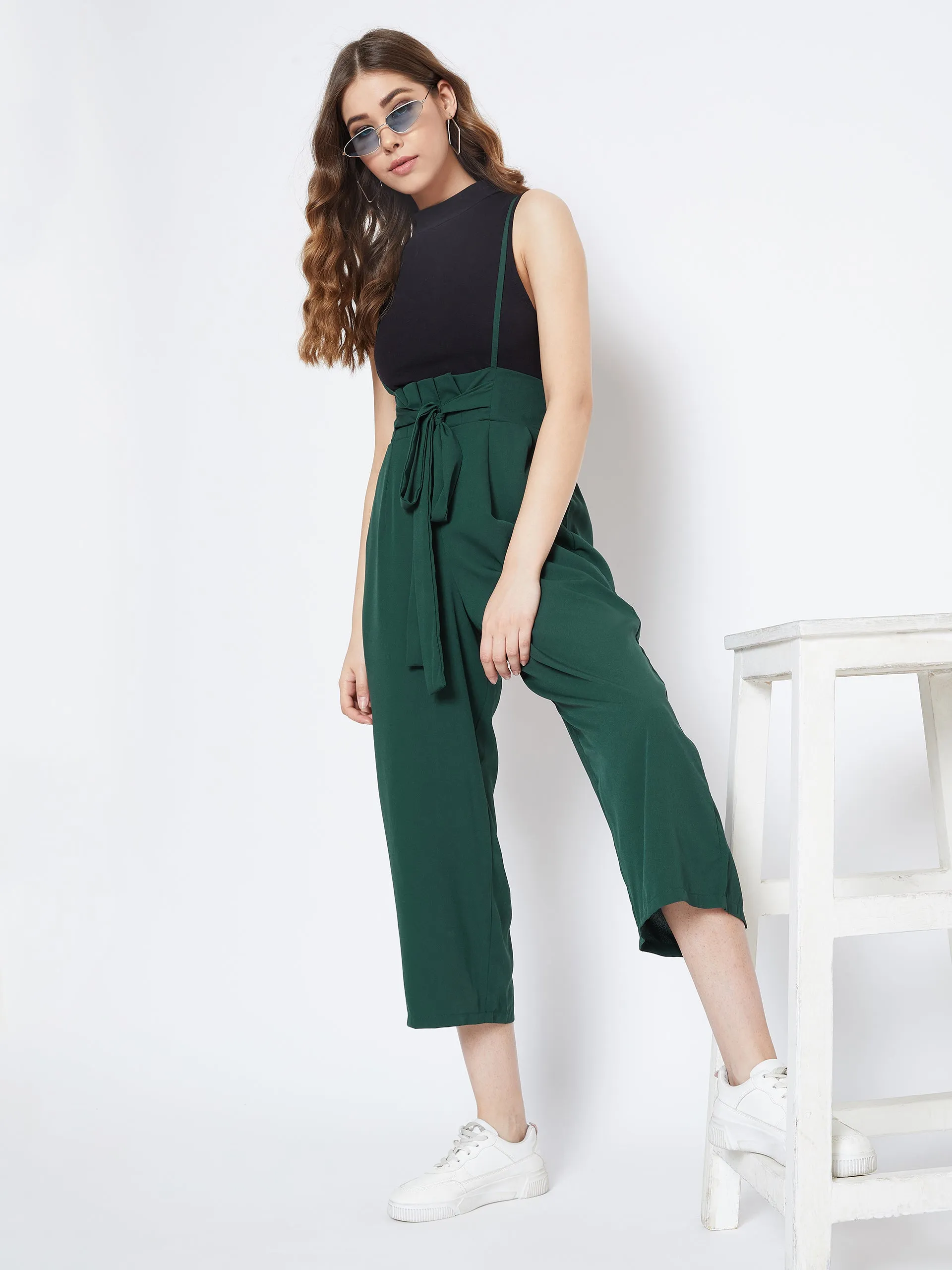 Berrylush Women Solid Green Smocked Back Tie-Up Capri Jumpsuit