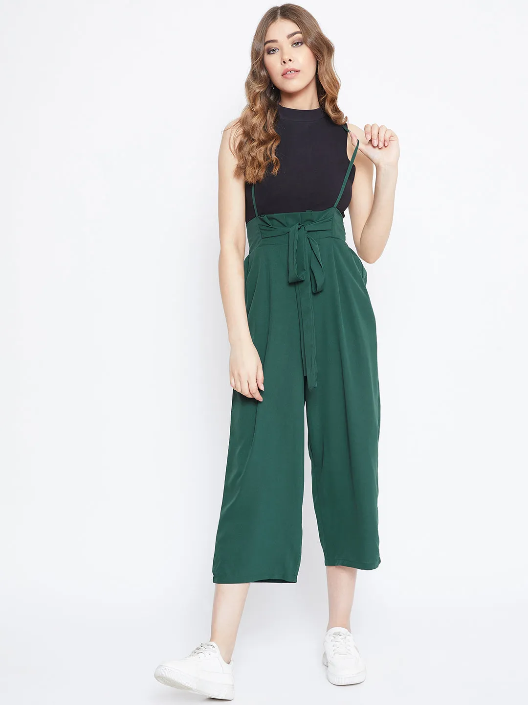 Berrylush Women Solid Green Smocked Back Tie-Up Capri Jumpsuit