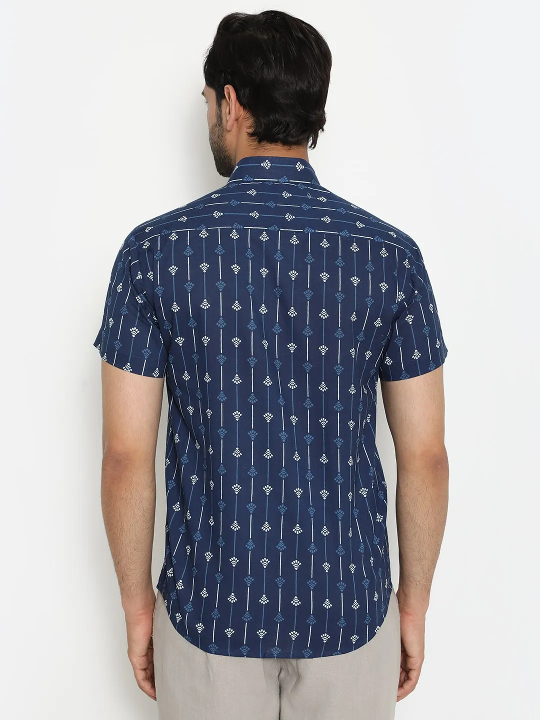 Blue Cotton Hand Block Printed Short Sleeve Shirt