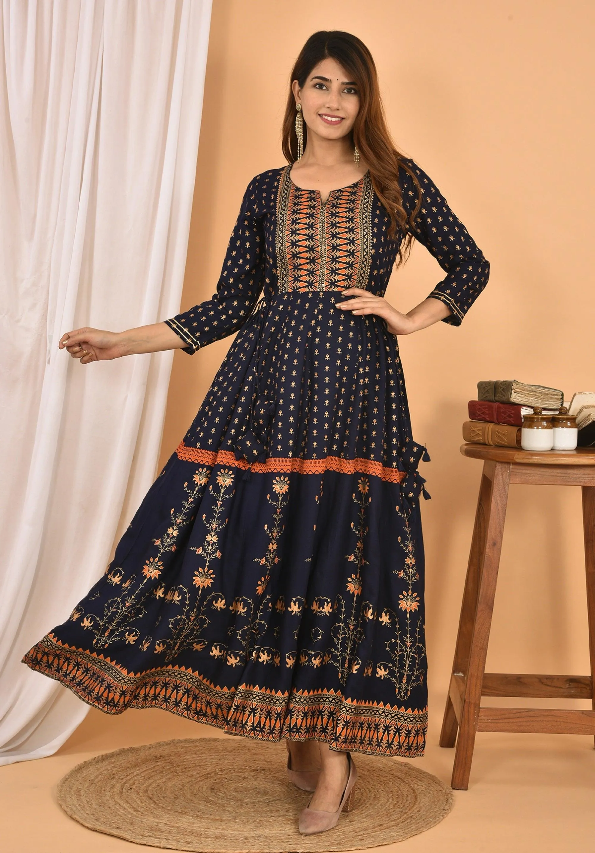 Blue Orange Gold Printed Cotton Ethnic Gown