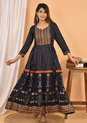 Blue Orange Gold Printed Cotton Ethnic Gown