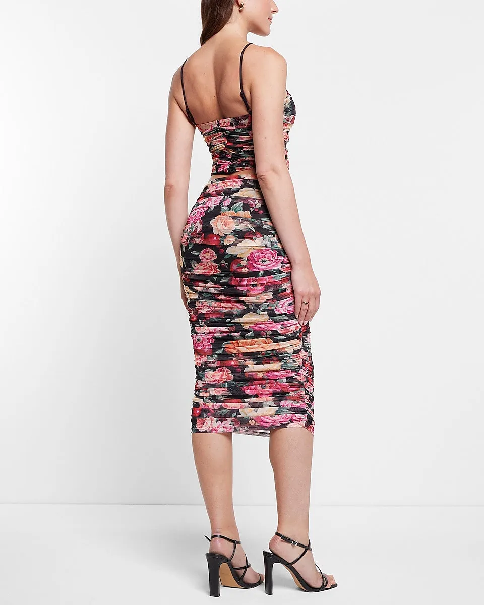 Body Contour Floral Mesh Ruched Midi Skirt With Built-In Shapewear in Black Print