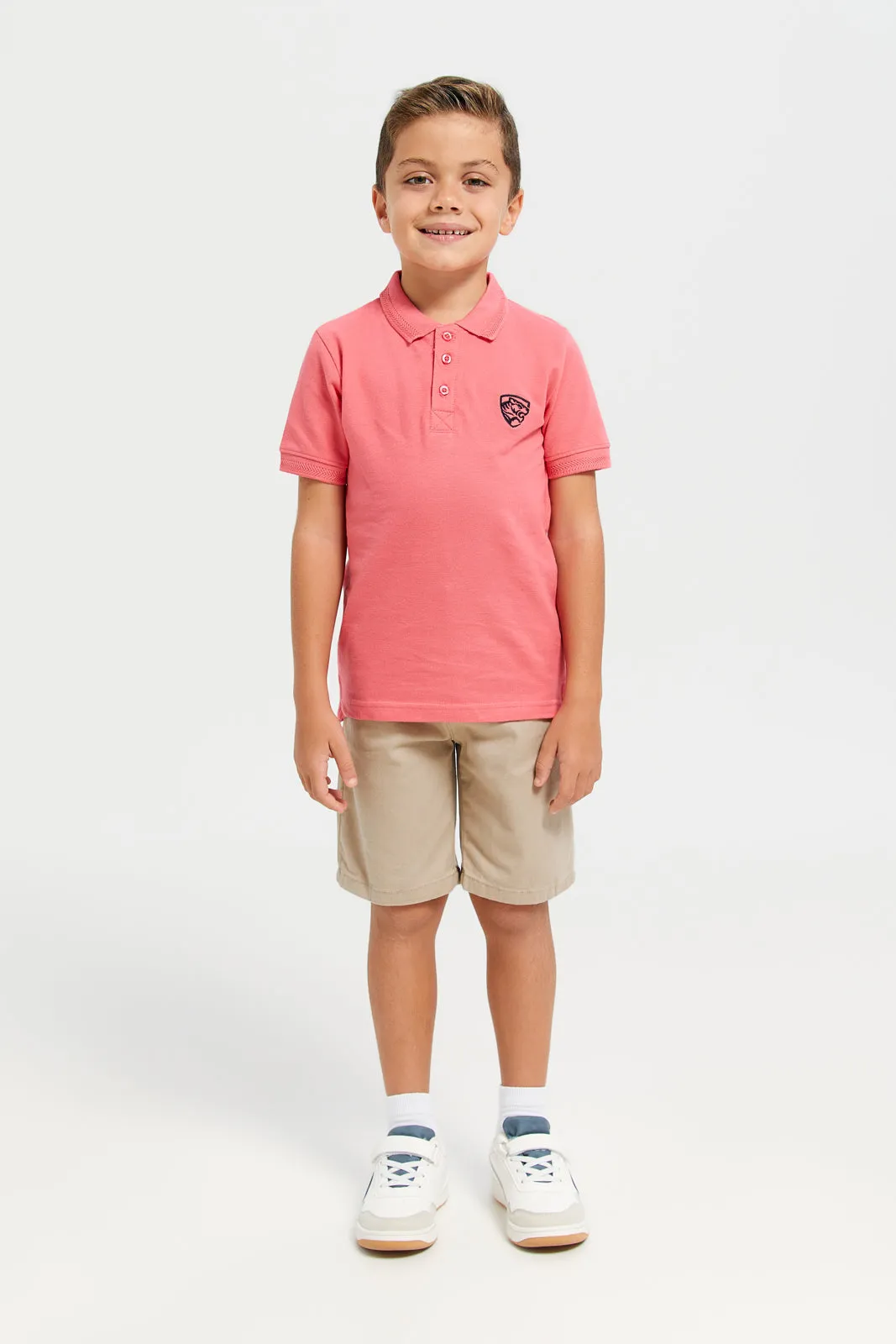 Boys Peach Printed Basic Tipping Polo T-Shirt