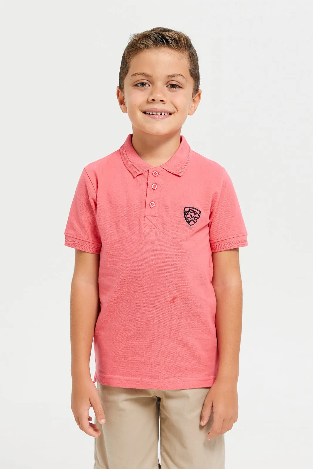 Boys Peach Printed Basic Tipping Polo T-Shirt