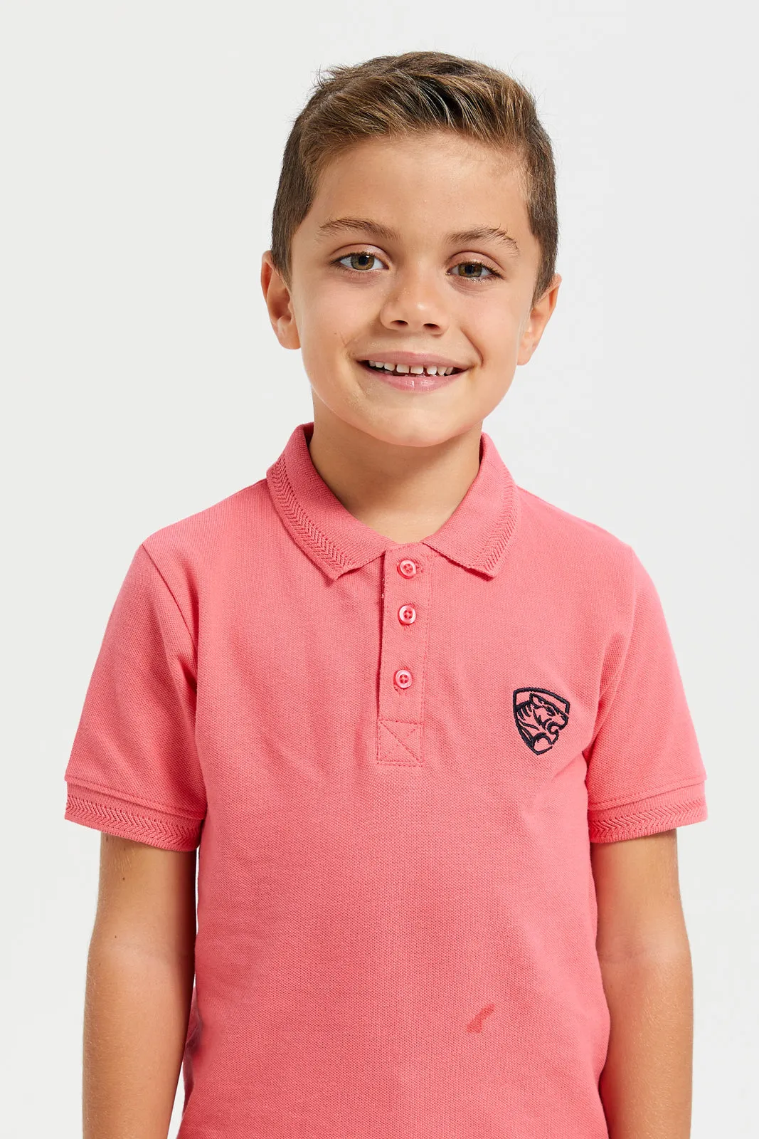 Boys Peach Printed Basic Tipping Polo T-Shirt