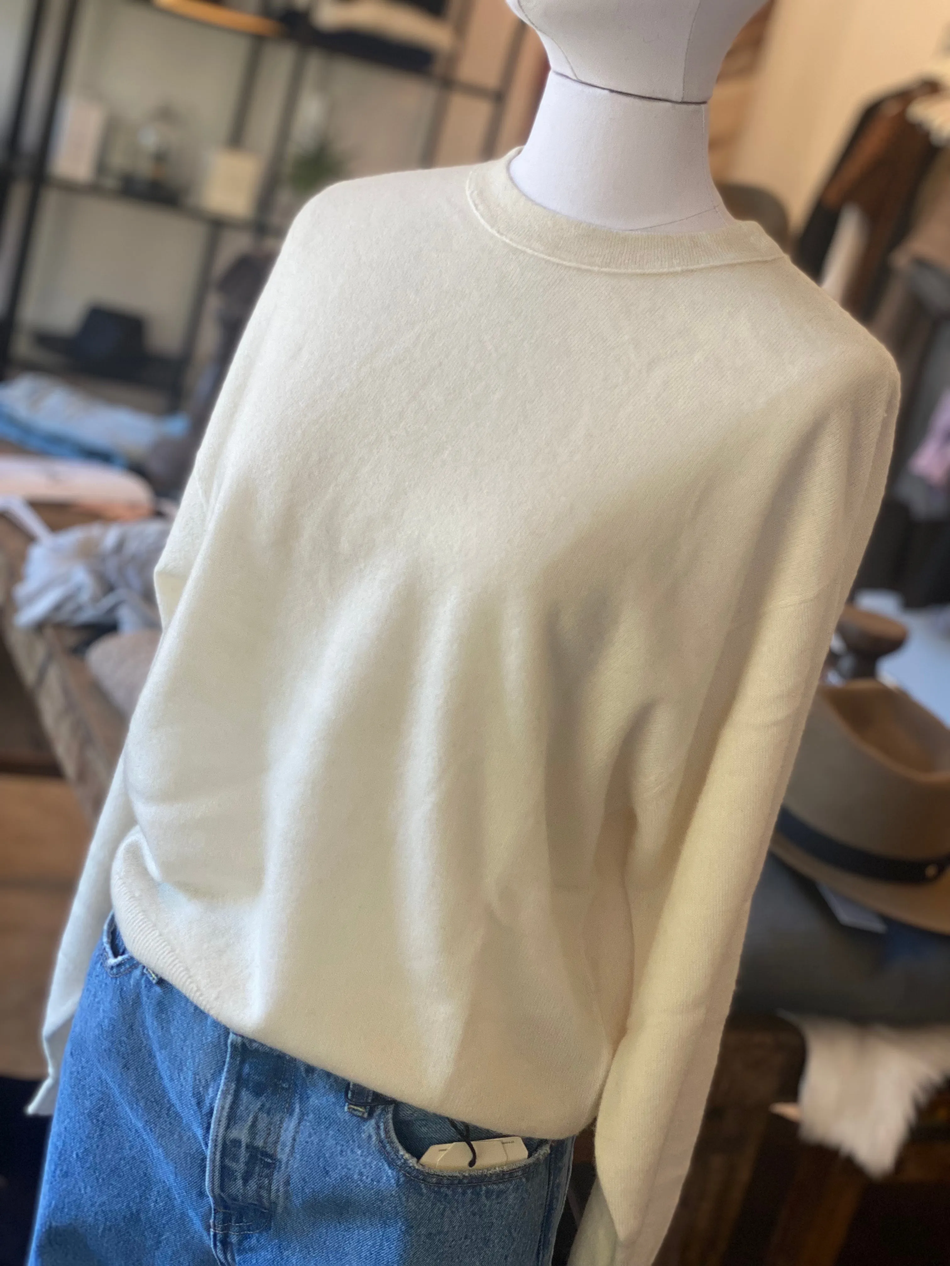 Brazeau Tricot Slouchy Creme Cashmere Crew Sweater