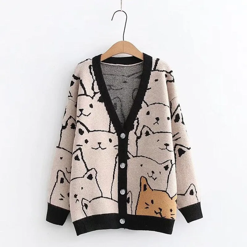 Cartoon Cat Print Knitted V-neck Winter Cardigan Sweaters