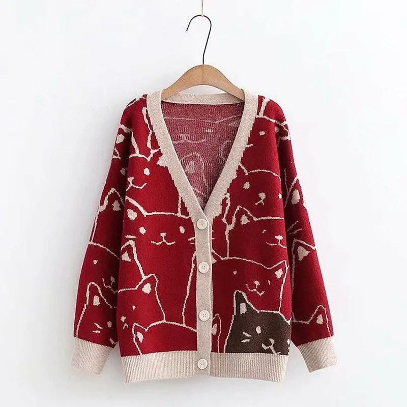 Cartoon Cat Print Knitted V-neck Winter Cardigan Sweaters