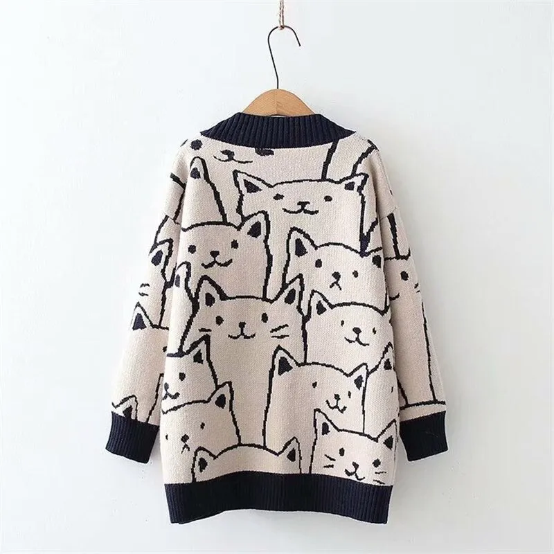 Cartoon Cat Print Knitted V-neck Winter Cardigan Sweaters