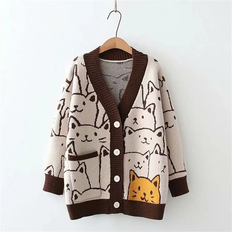 Cartoon Cat Print Knitted V-neck Winter Cardigan Sweaters