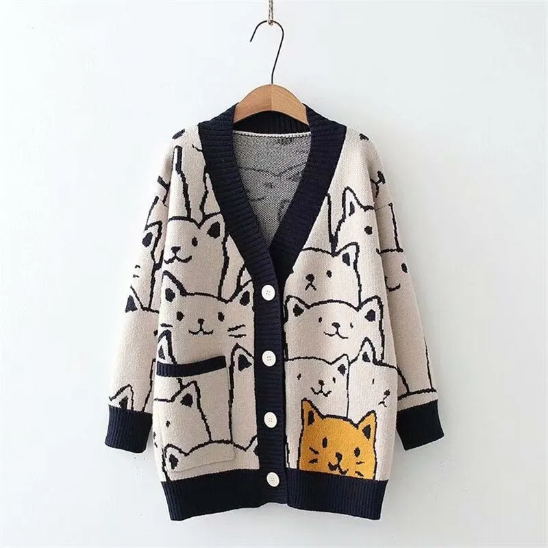 Cartoon Cat Print Knitted V-neck Winter Cardigan Sweaters