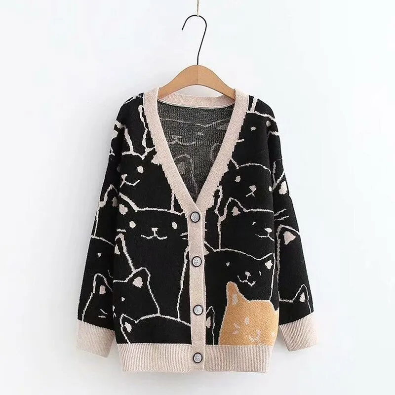 Cartoon Cat Print Knitted V-neck Winter Cardigan Sweaters