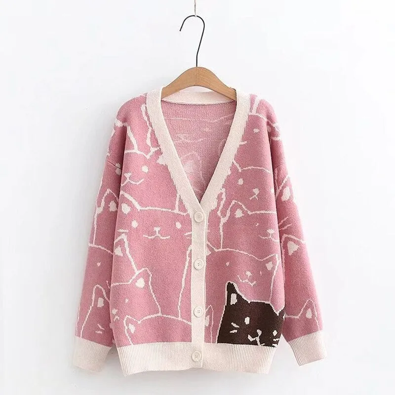 Cartoon Cat Print Knitted V-neck Winter Cardigan Sweaters