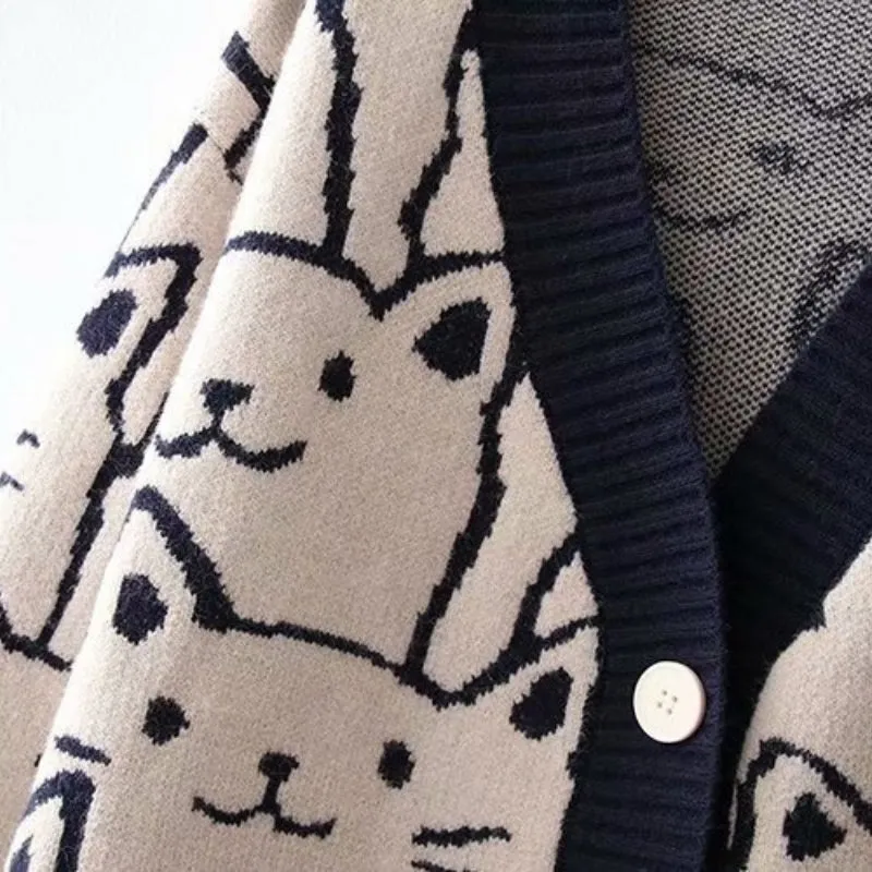 Cartoon Cat Print Knitted V-neck Winter Cardigan Sweaters