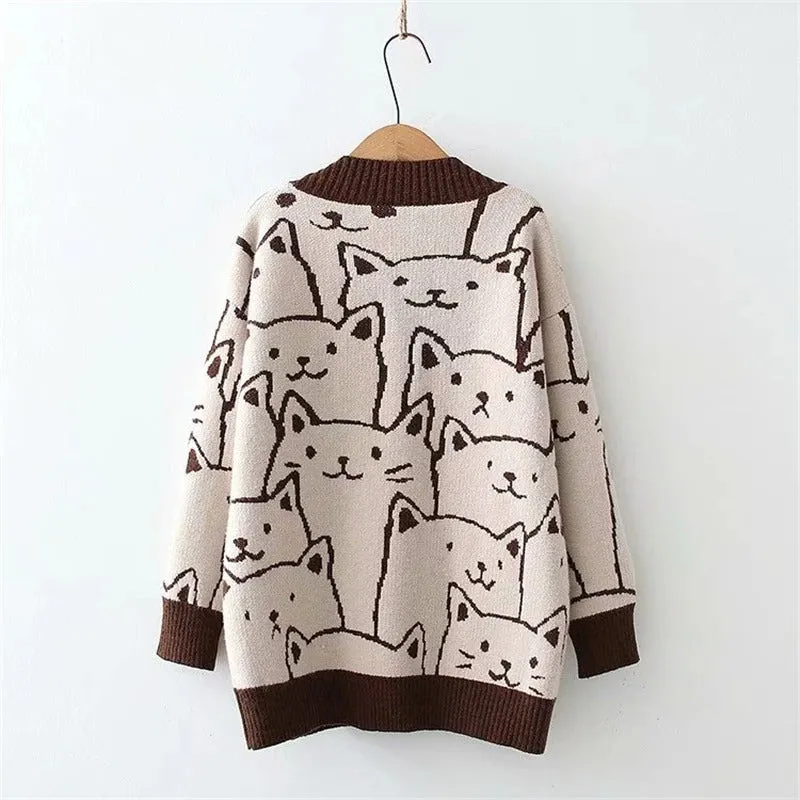 Cartoon Cat Print Knitted V-neck Winter Cardigan Sweaters