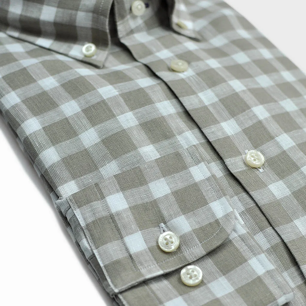 Check Linen Button Down Shirt in Light Olive & White