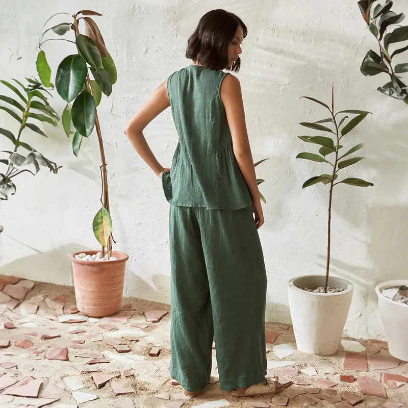 Cotton Solid Co Ord Set For Women | Top & Pant | Sleeveless Top | Leafy Green