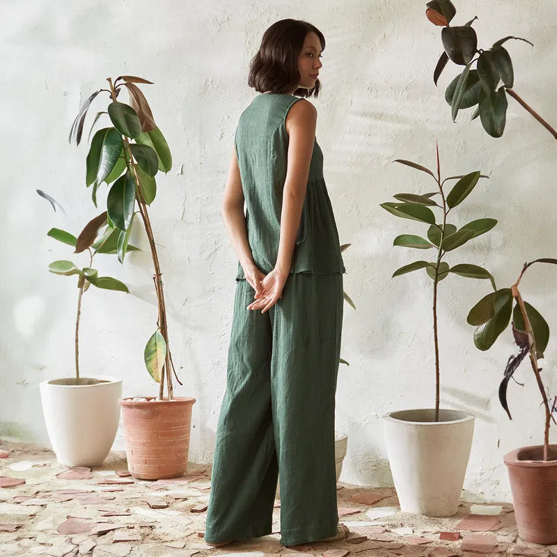 Cotton Solid Co Ord Set For Women | Top & Pant | Sleeveless Top | Leafy Green