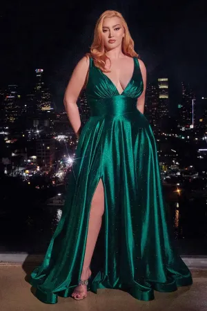 Crawford Prom Dress A-line Glitter Satin Gown 7402349AK-Emerald Cinderella Divine CC2349 LaDivine CC2349