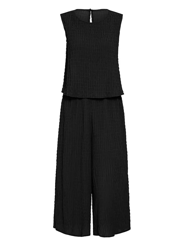 Cropped Sleeveless Solid Color Round-Neck Jumpsuits