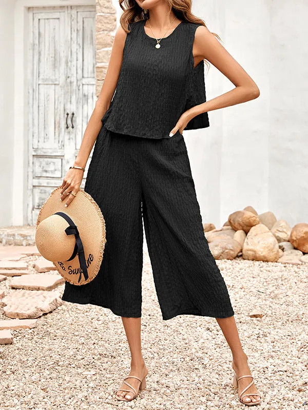 Cropped Sleeveless Solid Color Round-Neck Jumpsuits