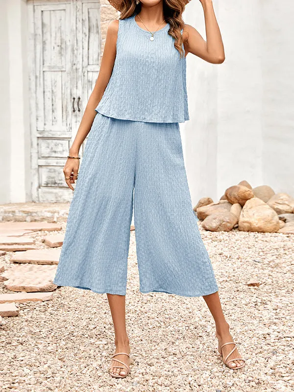 Cropped Sleeveless Solid Color Round-Neck Jumpsuits