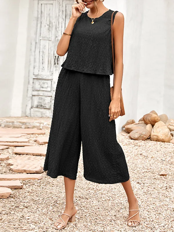 Cropped Sleeveless Solid Color Round-Neck Jumpsuits