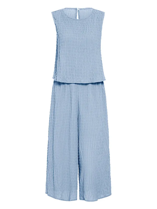 Cropped Sleeveless Solid Color Round-Neck Jumpsuits