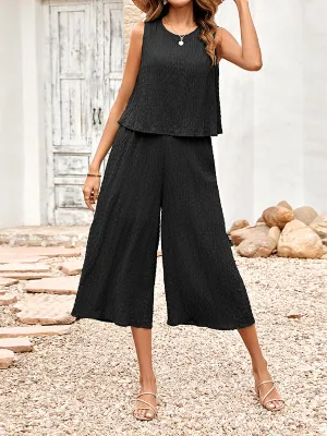 Cropped Sleeveless Solid Color Round-Neck Jumpsuits