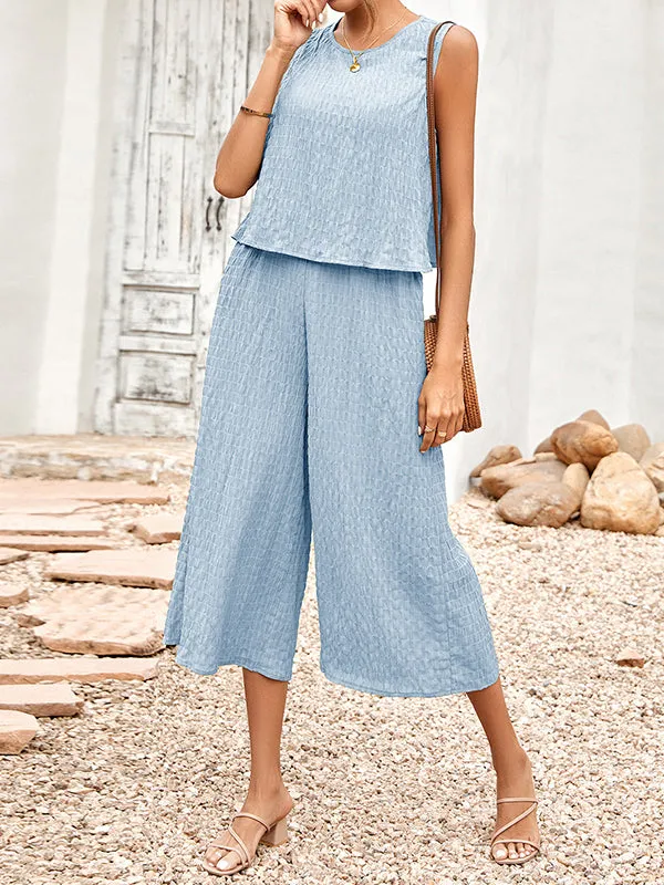 Cropped Sleeveless Solid Color Round-Neck Jumpsuits