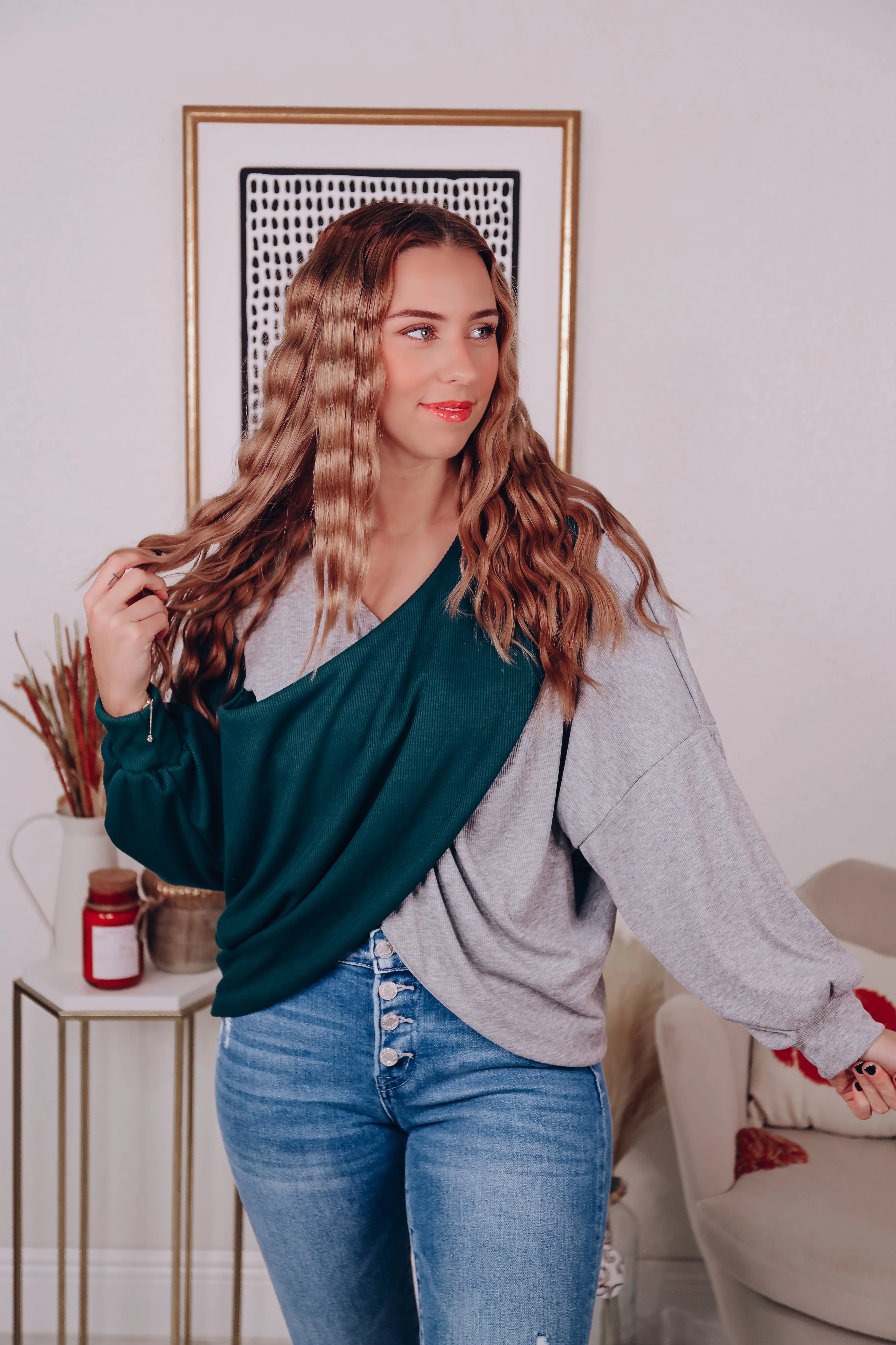 Cross Front Color Block Top - Grey/Green