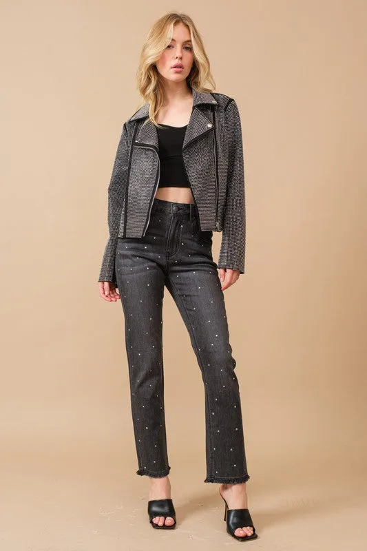 Crystal Studded Stretch Zip Up Moto Jacket *Online Only*