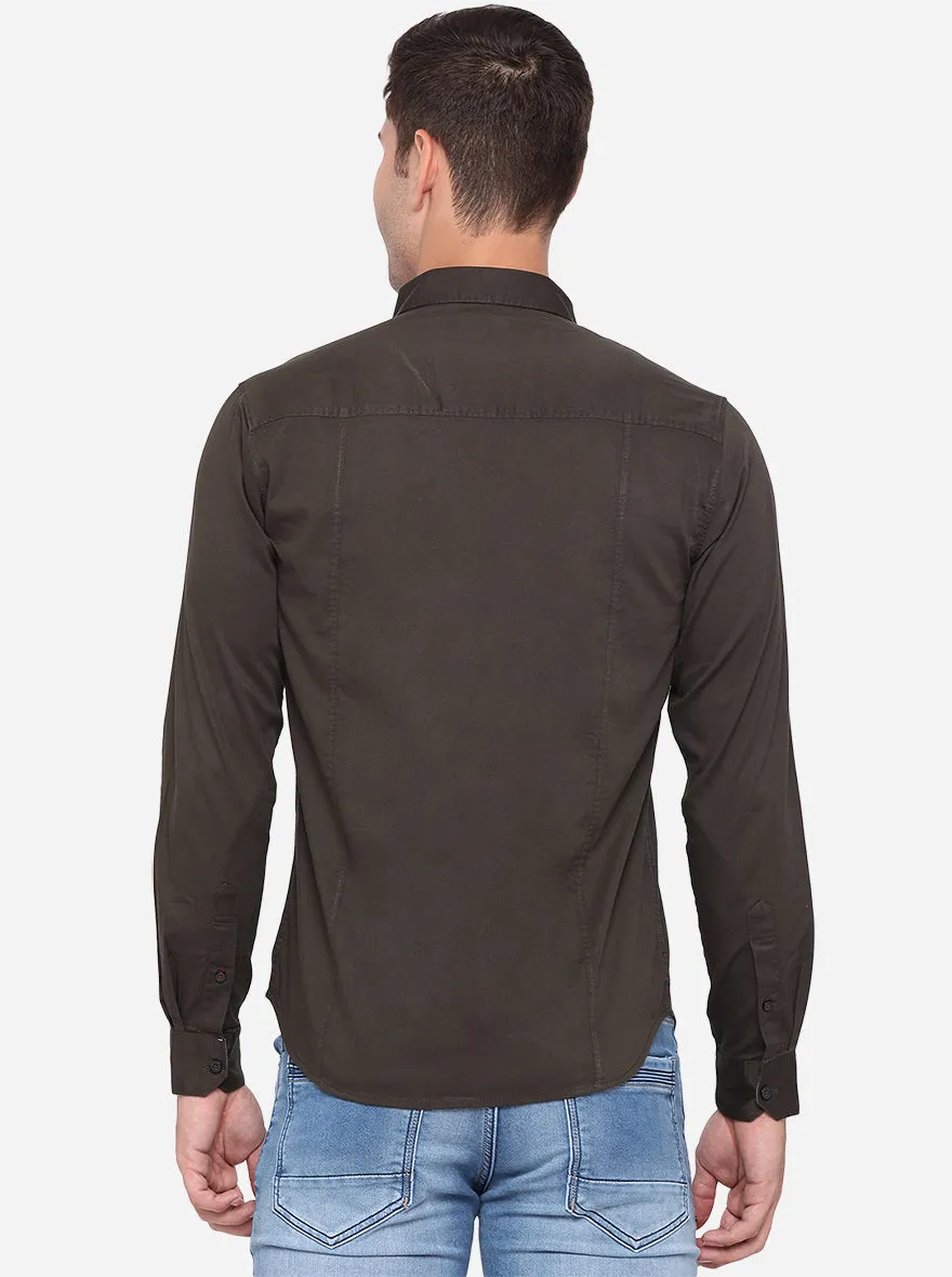 Dark Brown Solid Slim Fit Semi Casual Shirt | Greenfibre