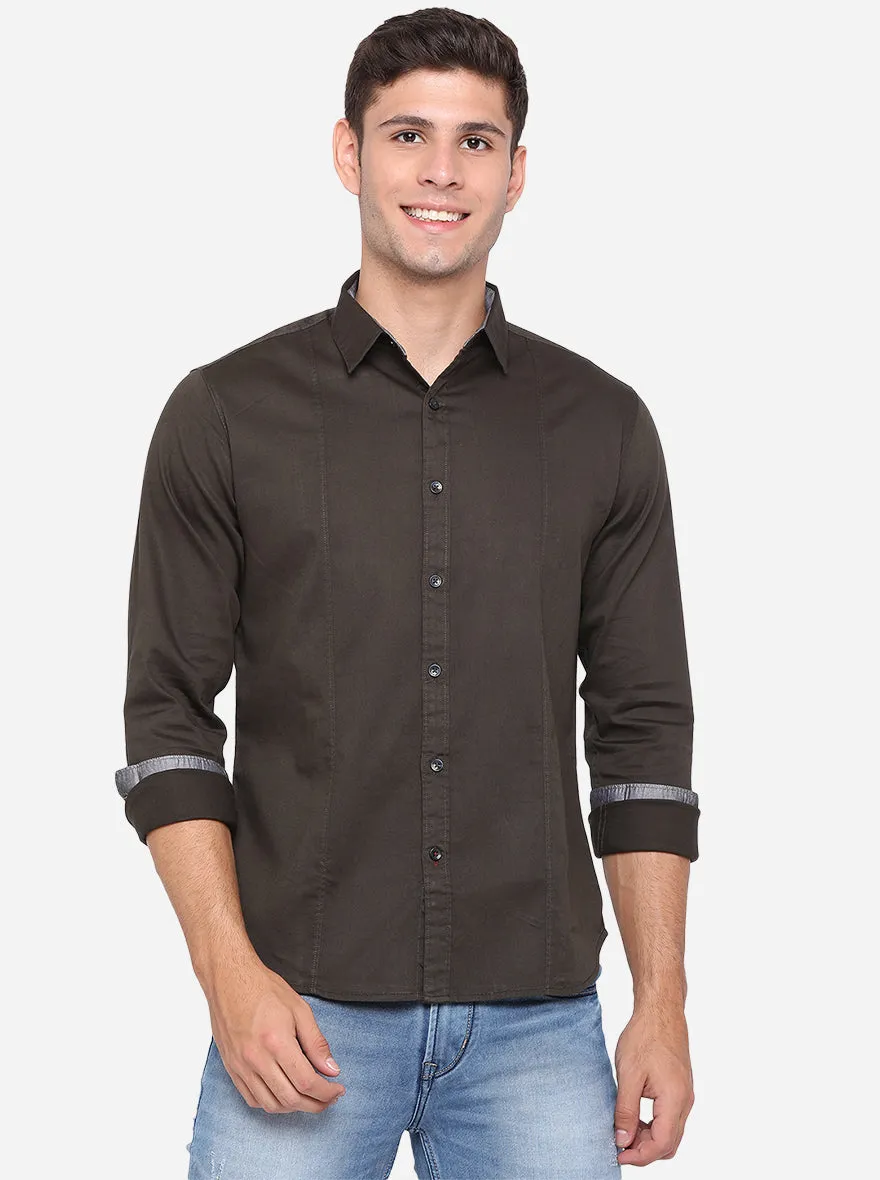 Dark Brown Solid Slim Fit Semi Casual Shirt | Greenfibre